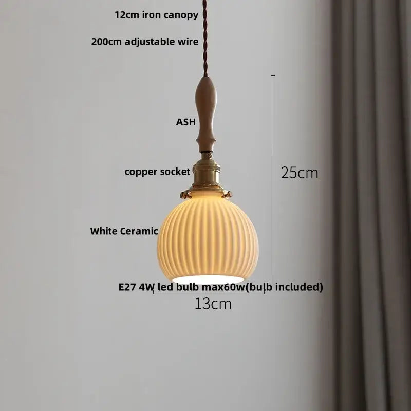 Decorbites led pendant light featuring white ceramic ribbed shade, brass copper socket, and ash wood handle in japanese style