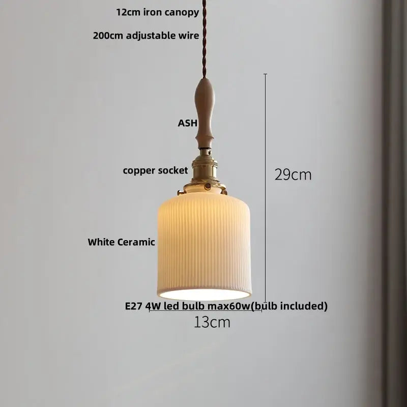 Decorbites led pendant light with warm-toned white ceramic ridges, brass copper socket, and ash wood canopy in japanese style