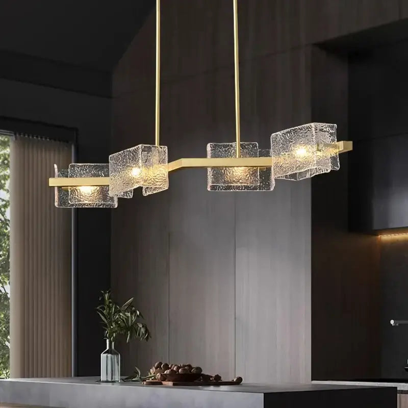 Modern gold-toned DecorBites LED pendant light with textured translucent glass cubes for indoor lighting