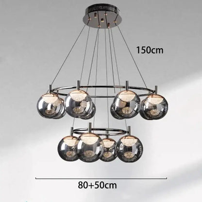 Modern chrome-finished DecorBites LED pendant light chandelier with two tiers of reflective glass globe shades for indoor lighting