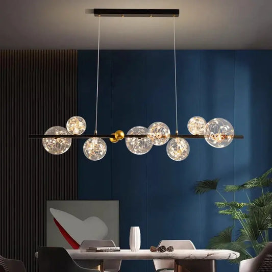 Modern decorbites led pendant light chandelier with clear glass globe bulbs and black metal frame for indoor use