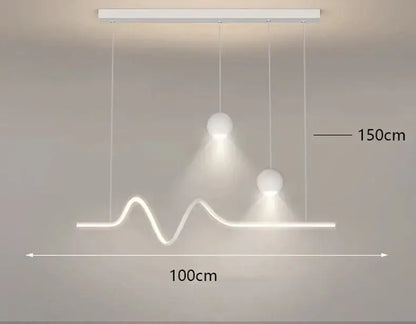Modern white DecorBites LED pendant light chandelier with sleek wave design and two spherical bulbs for indoor lighting