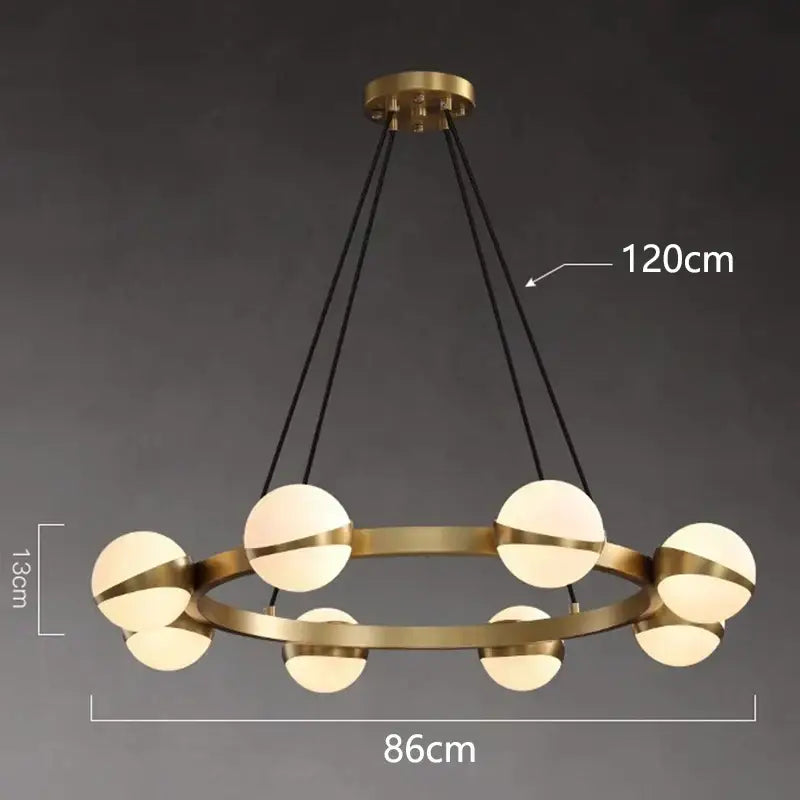 Gold-toned circular DecorBites LED pendant light chandelier with eight frosted glass globe lights and black cords