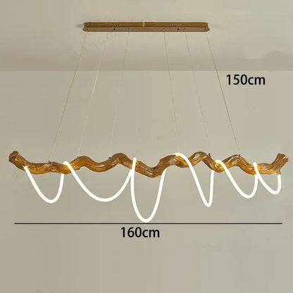 A modern DecorBites LED pendant light with a golden twisted wooden frame and white LED strips forming wavy patterns