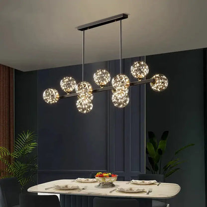 Modern black metal decorbites led pendant light chandelier featuring multiple spherical glass globes for indoor lighting