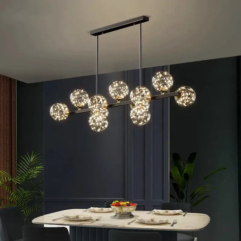 Modern black metal decorbites led pendant light chandelier featuring multiple spherical glass globes for indoor lighting