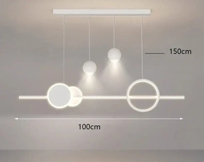 Modern decorbites led pendant light chandelier with white rectangular mount, three globe bulbs, and circular ring accents