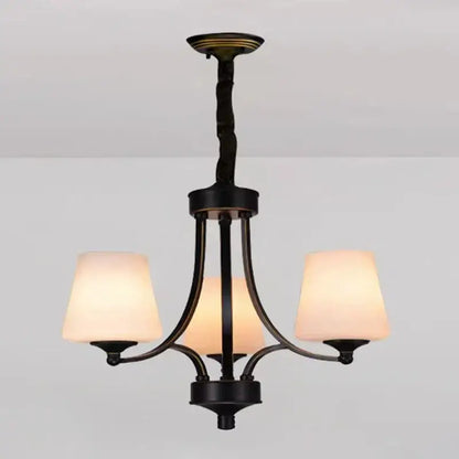 Black wrought iron DecorBites led pendant chandelier with three warm frosted glass shades for modern living room lighting