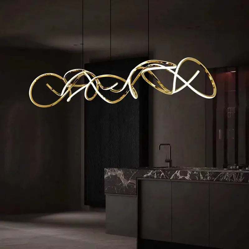 Decorbites led pendant light chandelier with sleek golden intertwined curved design for modern living and dining rooms
