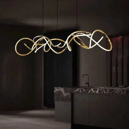 Decorbites led pendant light chandelier with sleek golden intertwined curved design for modern living and dining rooms