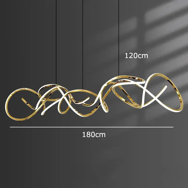 Gold-colored modern abstract decorbites led pendant light with intertwined circular elements for living and dining rooms
