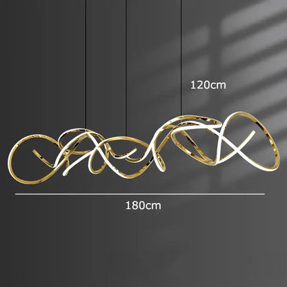 Gold-colored modern abstract decorbites led pendant light with intertwined circular elements for living and dining rooms