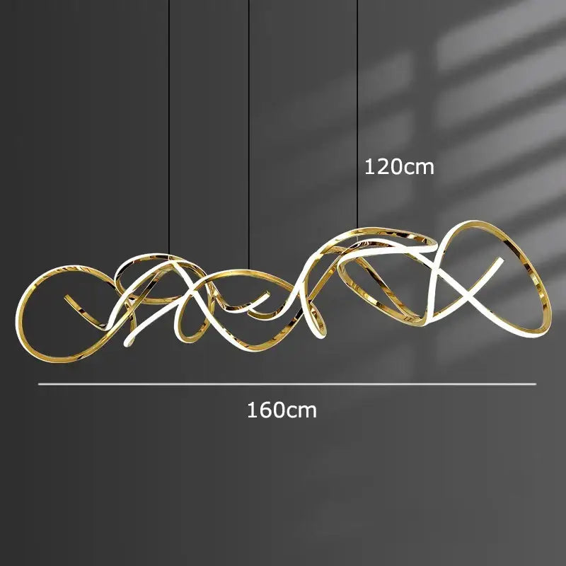 Gold-toned decorbites led pendant light chandelier with modern abstract intertwined circular metallic elements for living room lighting