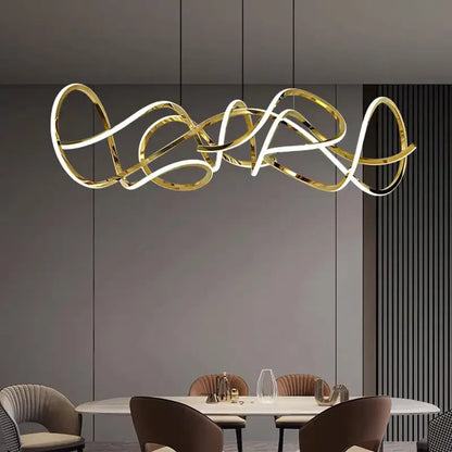 Gold-toned decorbites led pendant light chandelier with intertwined loops and glowing white light strips for modern rooms