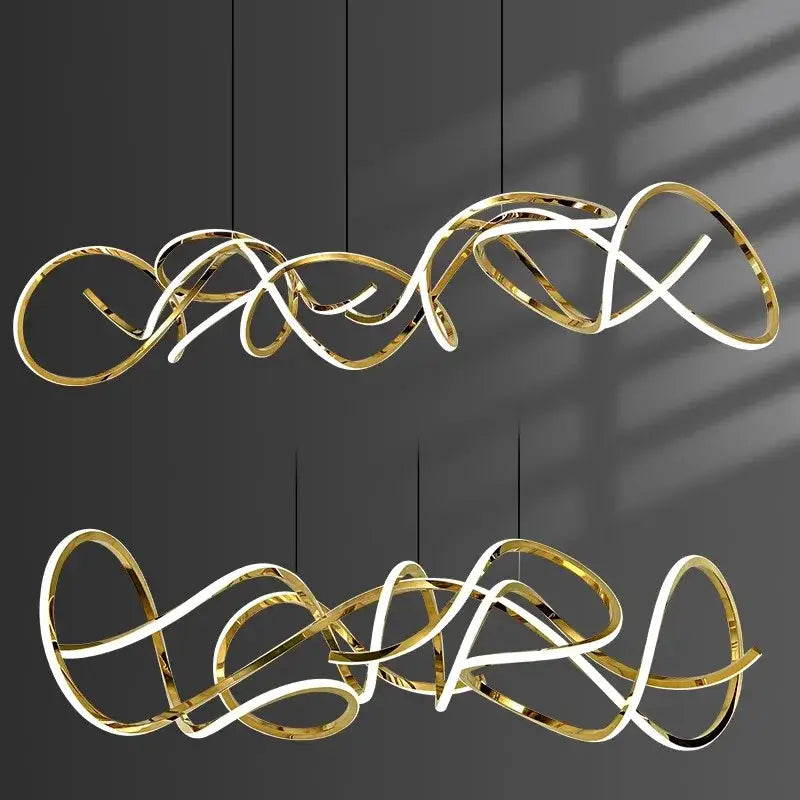Gold-toned DecorBites LED pendant light chandelier with sleek metallic loops and glowing white light strips for modern living