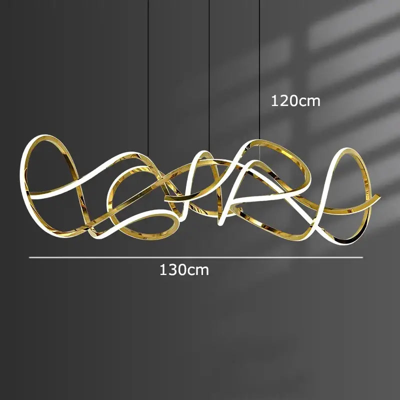 Gold-toned decorbites led pendant with modern flowing rings and illuminated white light strips for living room lighting
