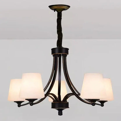 Black wrought iron decorbites led pendant light chandelier with five frosted glass shades for modern living room lighting