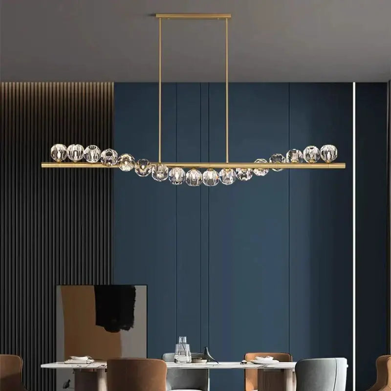 Decorbites led pendant gold-toned linear chandelier with faceted crystal spheres for modern living and dining rooms