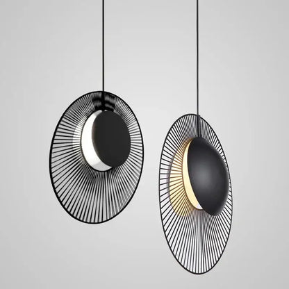 Black circular DecorBites led pendant light with radial wireframe design and illuminated crescent center for loft decor