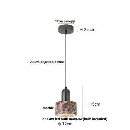 Modern luxury DecorBites pendant light fixture with 12cm matte black canopy and pink beige marble-patterned cylindrical shade