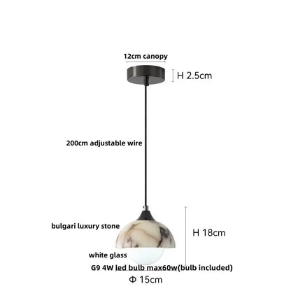 DecorBites™ pendant light fixture with sleek black canopy, adjustable wire, and marble-patterned glass shade white base