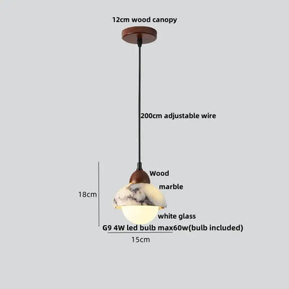 DecorBites™ LED pendant light fixture with warm wood marble shade white glass 12cm wooden canopy and adjustable wire