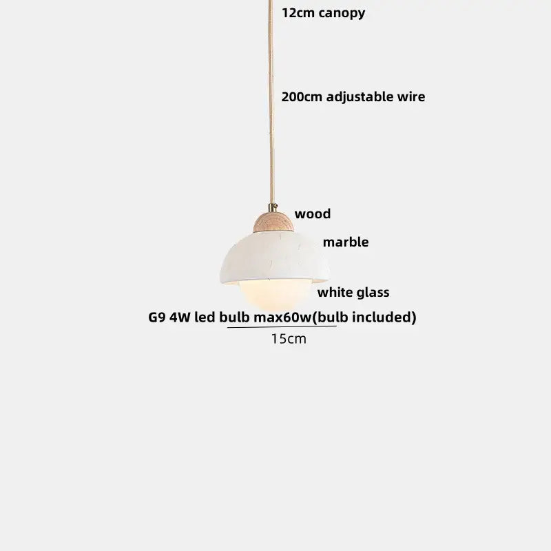 DecorBites™ LED pendant light fixture with white glass shade, wood and marble accents, suspended by adjustable wire