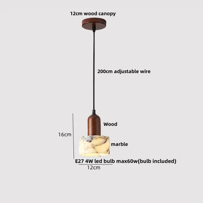 Decorbites™ modern luxury pendant light fixture with rustic wooden base marble shade and adjustable wire