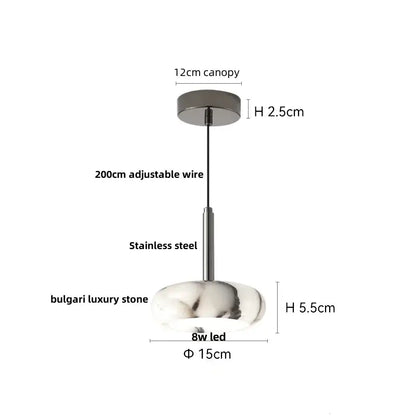 Modern minimalist pendant light fixture featuring a sleek stainless steel canopy and bulgari luxury stone oval shade