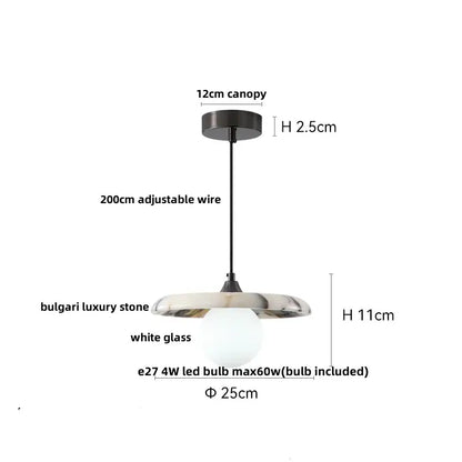 DecorBites™ modern luxury pendant light fixture with a black canopy, adjustable wire, and burgundy stone globe