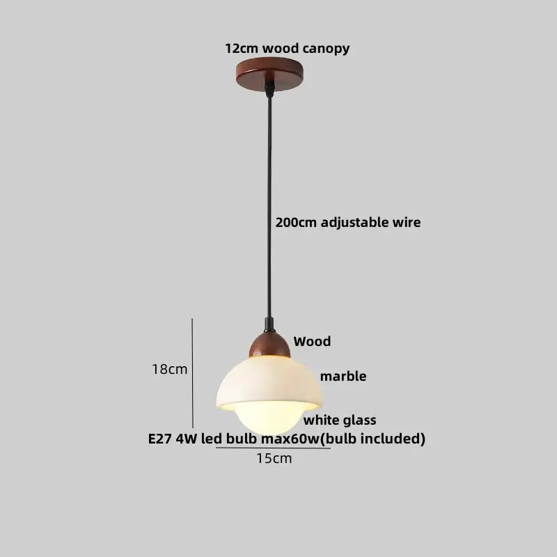 Decorbites™ led pendant light fixture with warm-toned white glass shade, wood and marble canopy, and adjustable black wire