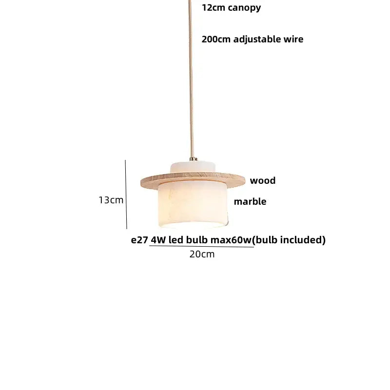 DecorBites™ pendant light fixture with warm frosted glass shade, natural wood canopy, and adjustable metallic wire