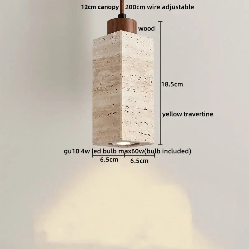 DecorBites™ modern pendant light fixture in yellow travertine stone with wooden canopy and integrated gu10 led bulb