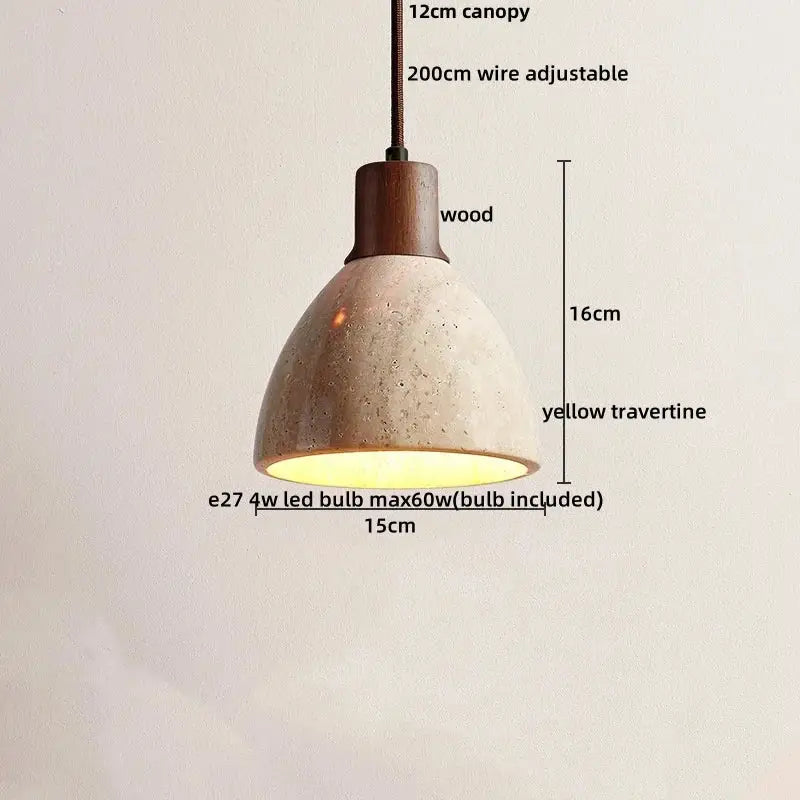 Decorbites™ pendant light fixture with warm yellow travertine shade and dark wood canopy featuring adjustable wire