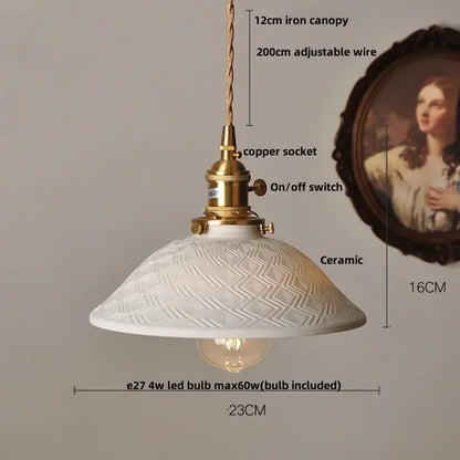 White ceramic pendant light fixture with textured diamond pattern brass hardware and adjustable copper socket decorbites led pendant