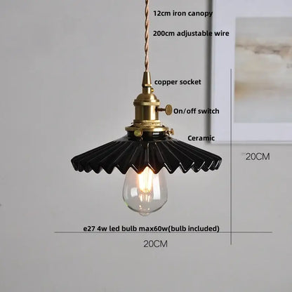 DecorBites led pendant light fixture with black ceramic shade, brass socket, copper switch, and exposed Edison bulb