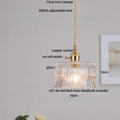 Clear glass pendant light with textured wavy design and brass-colored metal by decorbites led pendant light fixture
