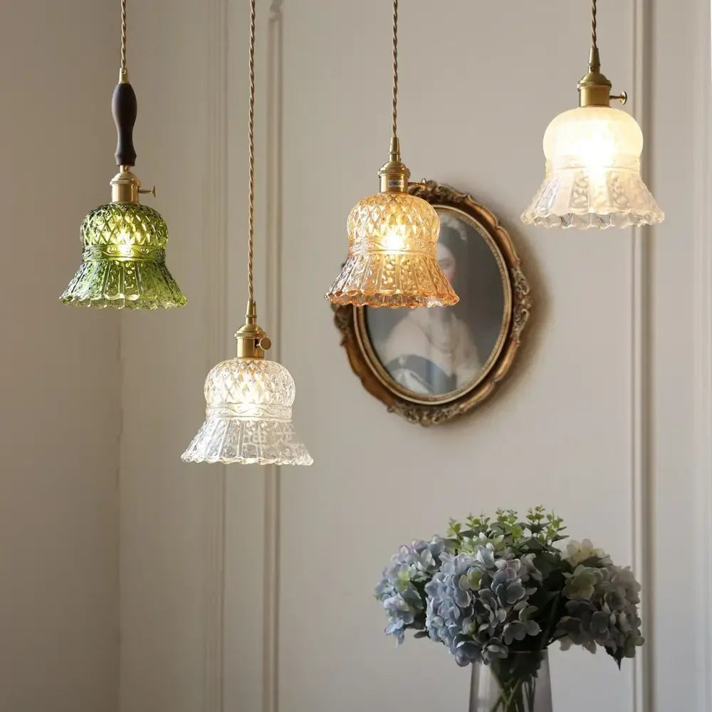DecorBites led pendant light with green, amber, and clear textured glass shades and copper sockets in modern nordic style