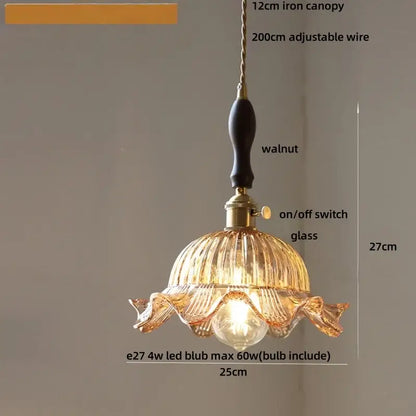 DecorBites led pendant light with warm-toned ribbed glass, walnut iron canopy, and brass hardware in modern nordic style