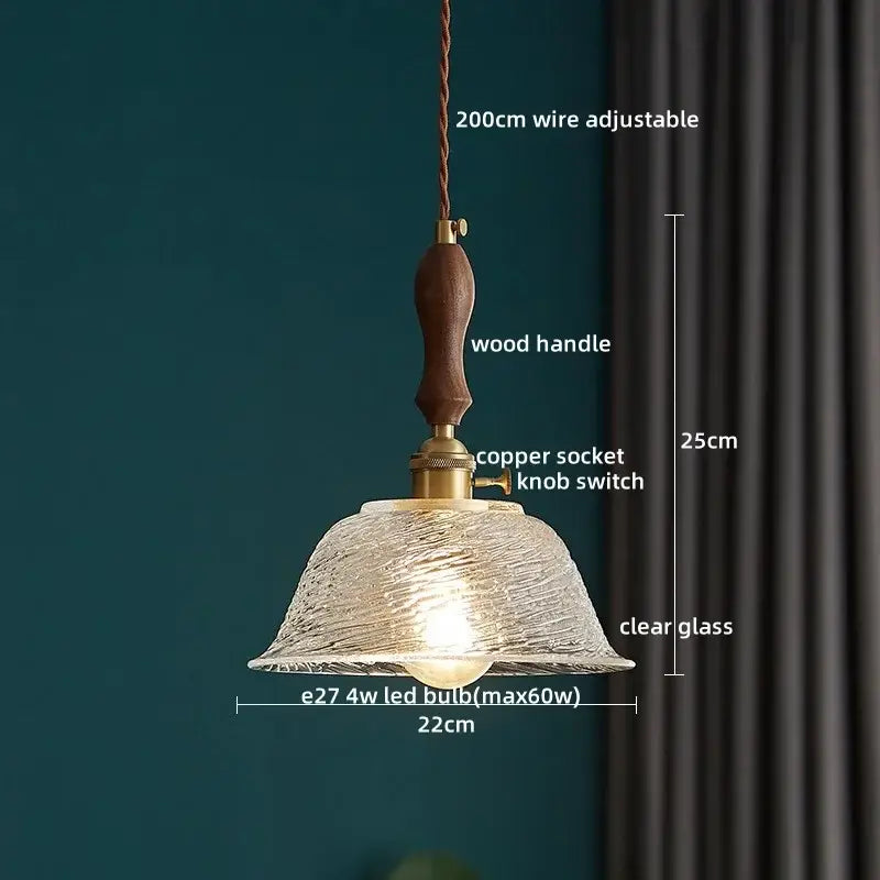Decorbites led pendant light with textured clear glass shade brass copper socket and dark wood handle on adjustable wire