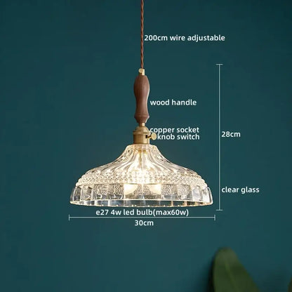 DecorBites LED pendant light with clear textured glass and wooden handle modern hanging LED pendant light fixture