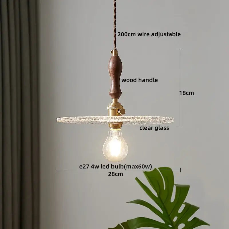 A decorbites led pendant light featuring a dark wood handle brass hardware and clear textured glass for modern lighting