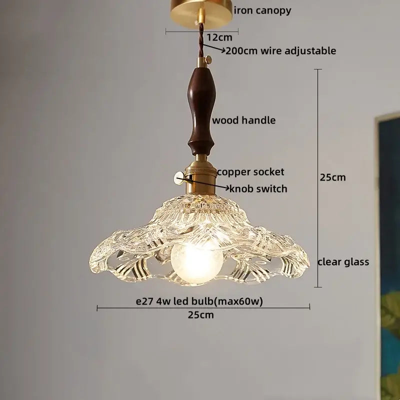 Vintage-style decorbites led pendant light with clear intricately cut glass shade and dark wood handle for modern decor