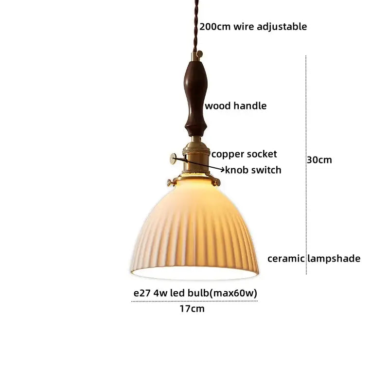 Warm-toned ceramic pendant light with vertical ridges and wood handle by DecorBites LED pendant light fixture