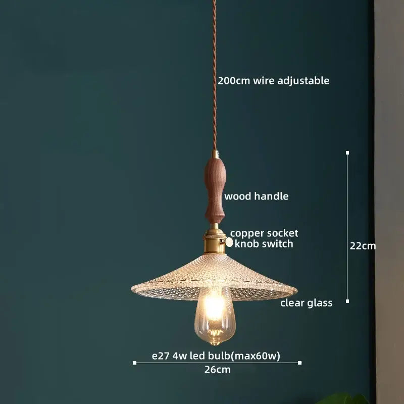DecorBites led pendant light with warm wood handle brass socket clear glass shade and adjustable braided cord pendant light