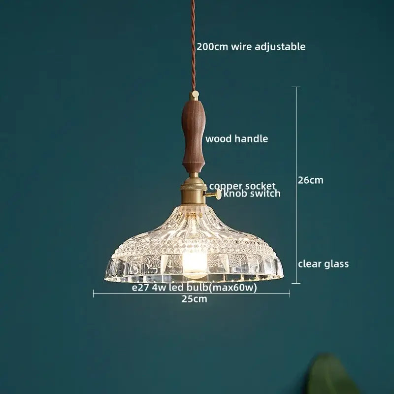 Decorbites led pendant light fixture with clear cut-glass shade wooden handle and copper socket modern pendant light