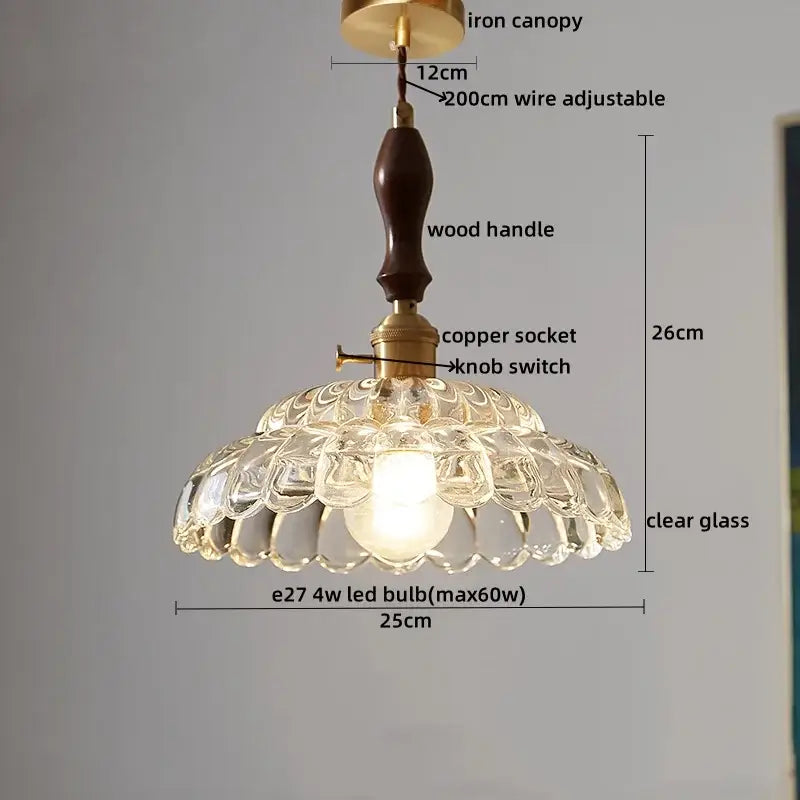 DecorBites led pendant light with clear glass shade petal cutouts dark wood handle and brass fittings vintage style