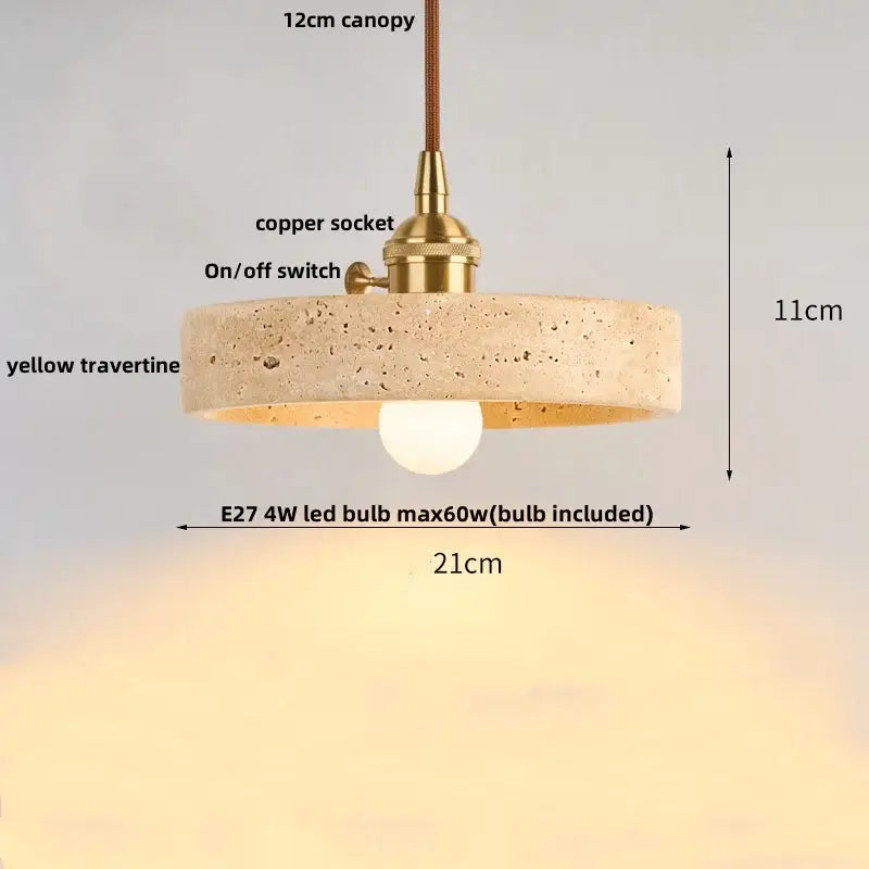 Decorbites led pendant light fixture with rustic yellow travertine shade and brass copper socket featuring e27 4w led bulb