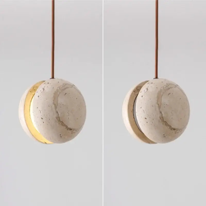 Minimalist decorbites led pendant light with textured off-white concrete body and warm gold inner ring yellow travertine finish