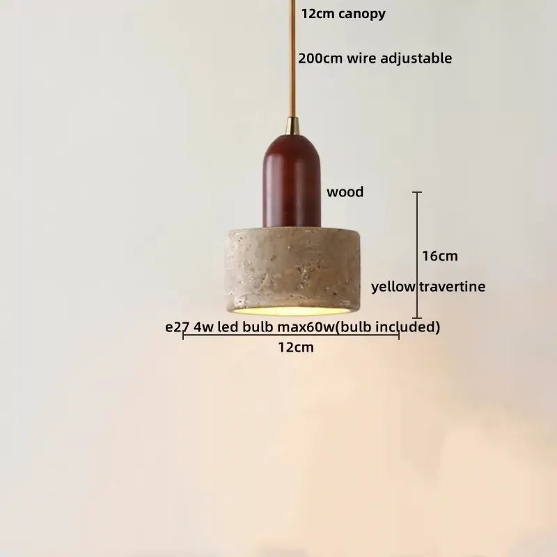 A DecorBites led pendant light with yellow travertine cylindrical base, polished wood canopy, and adjustable brass wire suspension